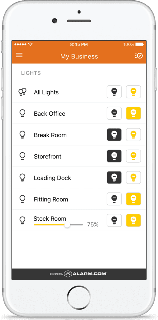 Alarm.com business lighting and energy controls on iPhone