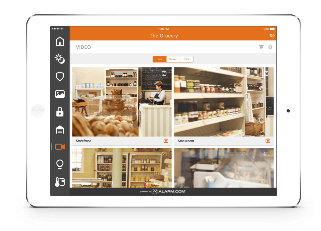Alarm.com business video surveillance viewed on an iPad