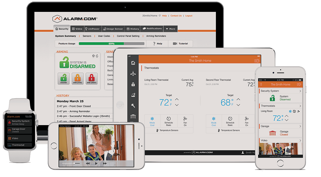 ARM Security Systems — alarm.com app on multiple devices