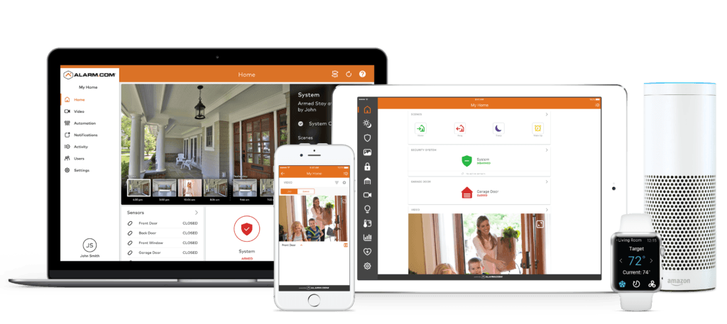 Alarm.com app and Honeywell security products — smart panel, motion sensors, and keypad displayed together