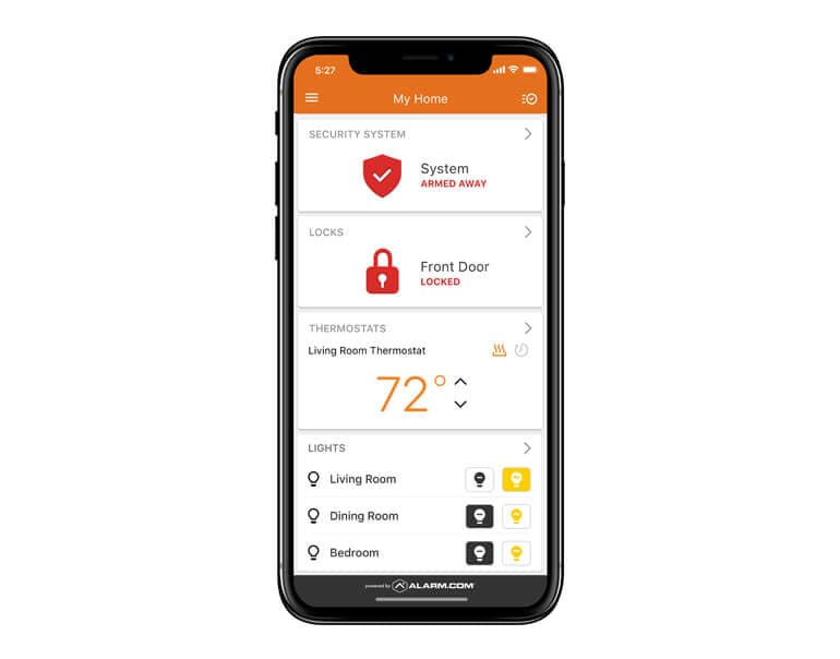 Alarm.com app showing lock, lights, and energy controls on iPhone