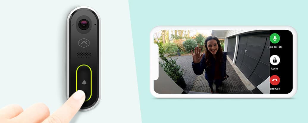 Alarm.com video doorbell camera installed at a home entrance